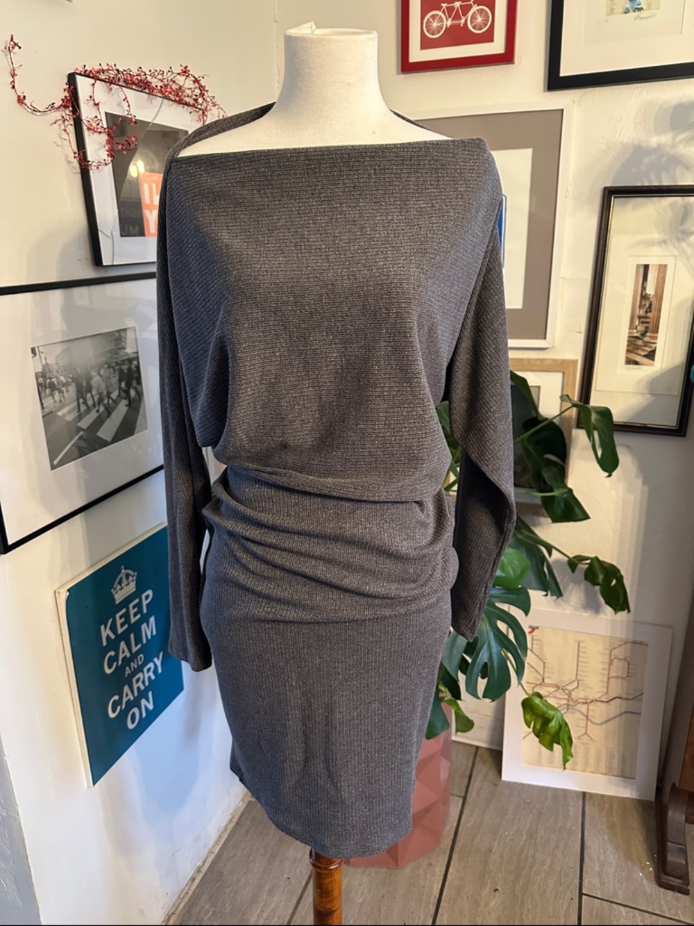 Vici Charcoal Gray Ribbed Boatneck Long Sleeve Dress